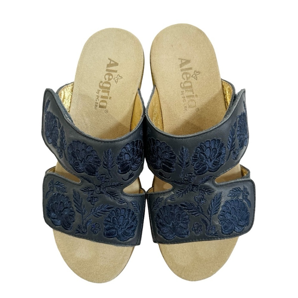 Alegria Blue Slide Sandals with Floral Pattern - Picture 4 of 10